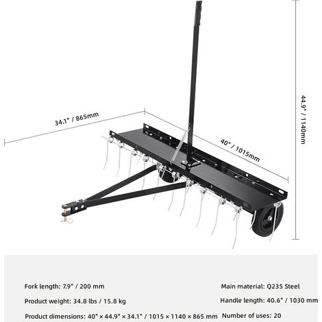 Déchaumeuse à gazon tractée, râteau multifonctionnel pour l'aération et le déchaumage du (1/5)