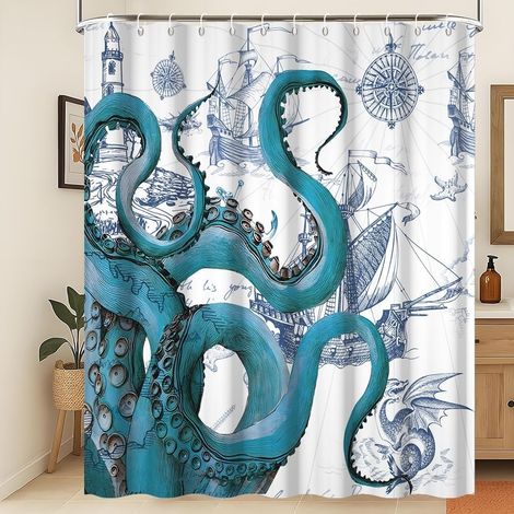150x200cm Rideau de Douche Bleu Pieuvre Nautique Phare de Bateau Pirate Vintage Rideau de Salle de Bain en Polyester Vie Marine Voyage côtier Blanc Résistant à la moisissure Décoration (1/5)