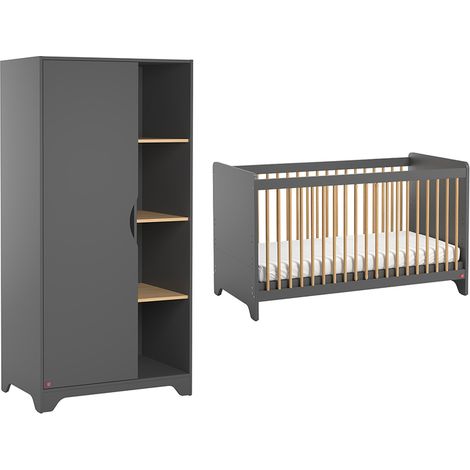 Lit bébé et Armoire 1 porte Vox Leaf Gris et bois