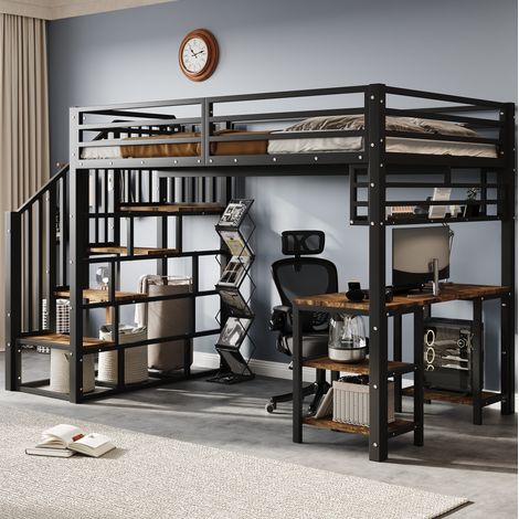 Hochbett 120x200 cm Schwarz und Dunkelwalnuss aus Metall und Holz mit Schreibtisch, Treppe und Aufbewahrungsregal (1/5)