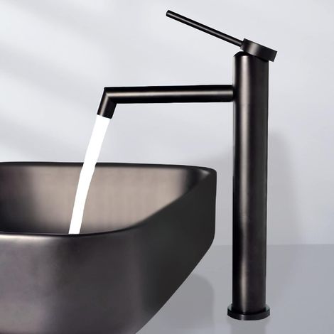 Robinet Lavabo Haut - Acier Inoxydable 304 - Poignée Unique Noir Mat - Aérateur Économiseur D'eau - Pour Lavabo Haut de Gamme - 1 Pièce (1/5)