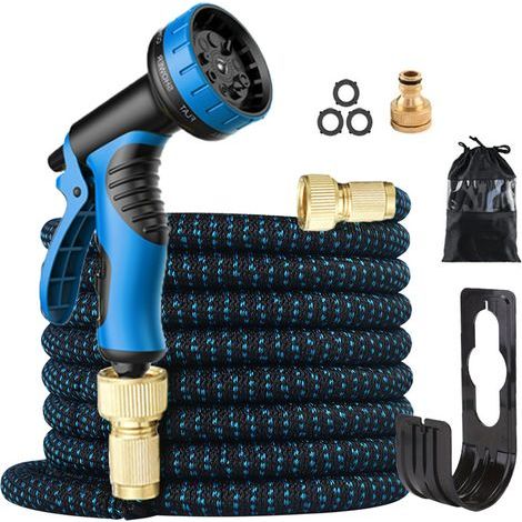 Tuyau d'arrosage extensible de 15 mètres – Kit d'arrosage avec 10 buses à jets variés et accessoires, sac de rangement inclus pour laver la voiture et arroser les fleurs – Bleu (1/5)