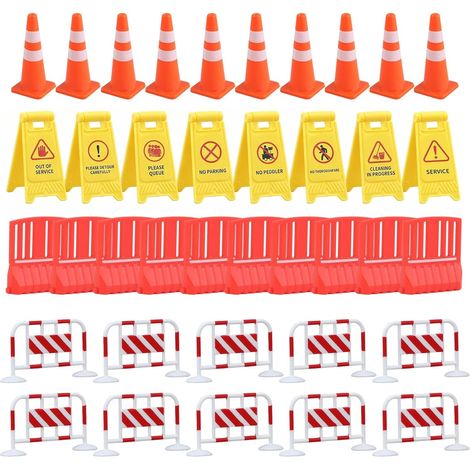 Lot de 38 Mini Panneaux de Signalisation et Accessoires de Chantier - Cônes, Barrières et Panneaux d'Avertissement en ABS pour Maquettes, Dioramas et Projets de Modélisme (1/5)