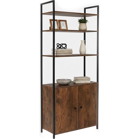 Relaxdays Bücherregal, HBT: 159,5 x 60 x 24 cm, 6 Fächer, Regal mit Unterschrank, MDF, Metall, Standregal, braun/schwarz