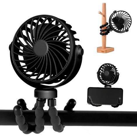 Portable Stroller Fan, USB Rechargeable Fan, Mini Fan with Flexible Tripod, 360° Rotating, 3 Speed Settings for Travel, Seat, Bedroom (Black) (1/5)