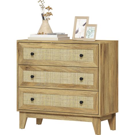 Commode 3 tiroirs en bois massif avec façades en rotin cannage, style naturel pour chambre, 80 x 35 x 76 cm (1/5)