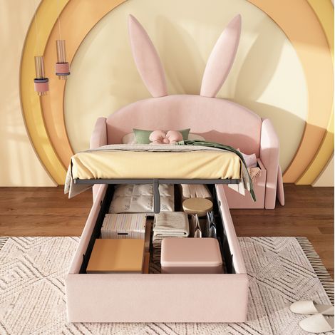 Cama infantil con mesita de noche 206x149x143 cm, almacenamiento hidráulico, cabecero con orejas de conejo, terciopelo rosa (1/5)