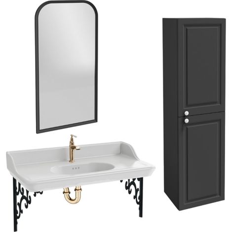 Pack lavabo suspendido JACOB DELAFON Cléo 1889 + columna derecha + espejo + grifería dorada + sifón dorado