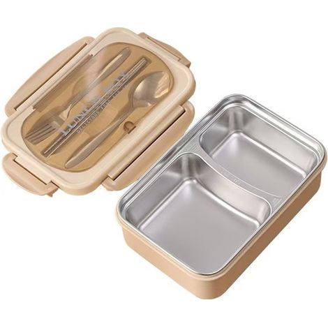 Portapranzo a tenuta stagna con 2 scomparti, posate incluse, contenitore termico con divisori, in acciaio inox, per adulti e bambini, lavabile in lavastoviglie. (1/5)