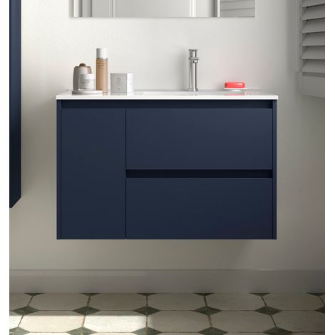 Noja Unterschrank 850 2 Schubladen 1 Tür li + Waschbecken Blue Satin