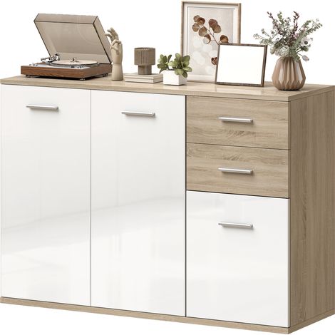 Wohnzimmer-Sideboard, Aufbewahrungsmöbel mit 2 Schubladen, 3 Türen, verstellbarem Einlegeboden, 106 x 35 x 76 cm, weiß und naturfarbenes Holz (1/5)