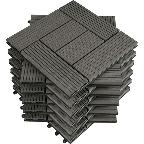 WOLTU 11 pièces Carrelage de sol Dalle WPC 30x30cm pour jardin terrasse extérieur fixation plug-in, Gris (1 m²)