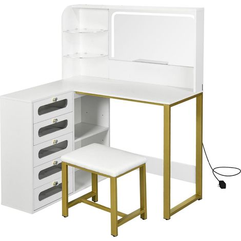 Coiffeuse avec Miroir LED réglable, Bureau de Maquillage avec tabouret avec et 5 Tiroirs, Meuble de maquillage, commode de maquillage, Table de Toilette, avec prise de courant, blanc+dore (1/5)