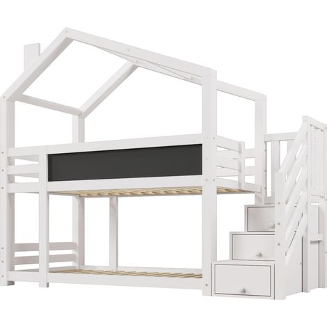 Letto casetta per bambini 90 x 200 cm con scala contenitore e lavagna, bianco, HOMVRA (1/5)