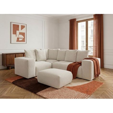 BOBOCHIC - Canapé d'angle fixe modulable VOLTAIRE avec 1 chauffeuse 2 places, 1 angle et 1 chauffeuse 1 place tissu chiné avec pouf Angle gauche  Blanc (1/5)