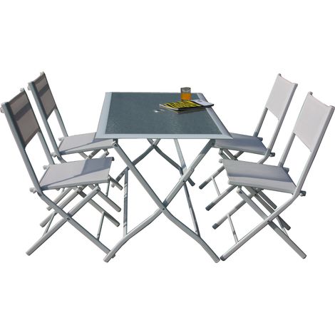 Ensemble de salle a' manger pliant Astro en acier blanc avec table en verre et quatre chaises pour jardin exte'rieur
