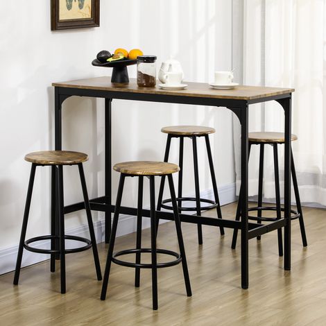 Stehtisch und 4 Hocker mit Fußstützen, schwarzes Metall und Holzoptik für Küche/Esszimmer