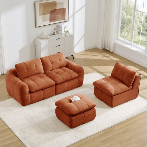Canapé d'angle modulable 3 places avec ottoman, 264 x 160 x 68 cm, tissu chenille orange DESVIAE (1/5)