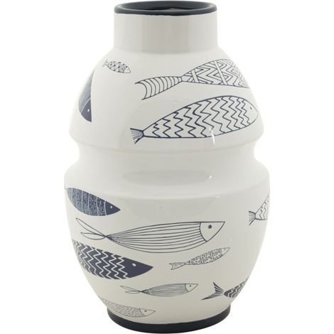 Vaso Fish in ceramica bianca con decoro a pesci blu 21x31 cm