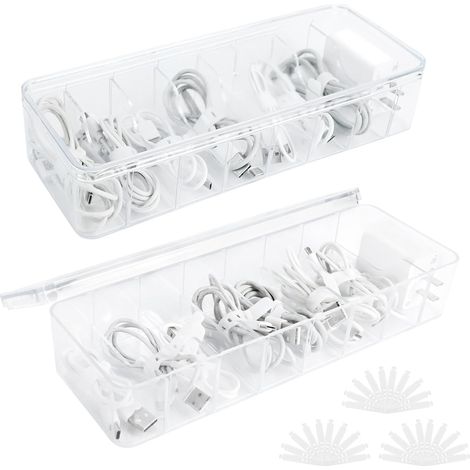 SHINING HOUSE2 Pièce Boite Rangement Cable, Boîte de Rangement pour Plastique Câbles de Données, Transparent Boite Cache Cable avec 8 Compartiments et 30 Serre Câbles pour Le Rangement de Bureau (1/5)