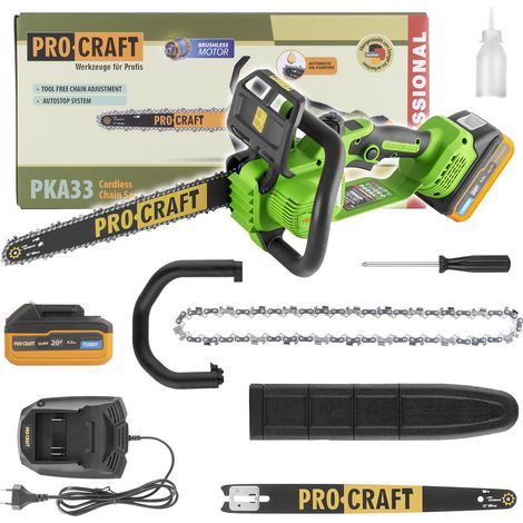 Procraft PKA33-1B Akku Kettensäge 20 V 304 mm Brushless + 1x Akku 4,0 Ah + Ladegerät