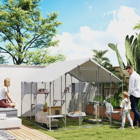 Jaula Grande para Gatos Exterior con 2 Casitas 7 Plataformas para Saltar Cubierta Impermeable y Anti-UV 240x193x195 cm (1/5)