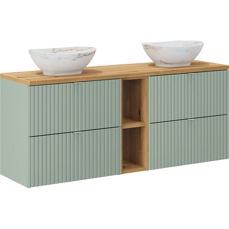 Meuble double vasque 140cm 4 tiroirs 2 niches Jade Vert et Bois (1/5)