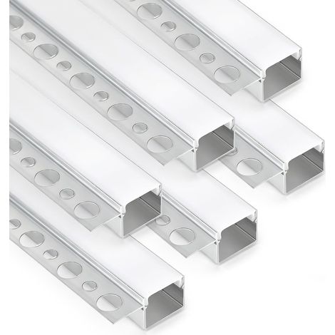 Lot de 6 profilés LED pour cloison sèche - 1 m - En aluminium - Pour bandes LED de 13 mm - Profilés LED encastrés - Profilés LED encastrés sans bordure - Avec diffuseur blanc - Pour mur (1/5)