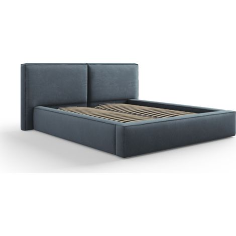 Lit coffre + tête de lit double 160x200 en tissu structurel bleu (1/4)
