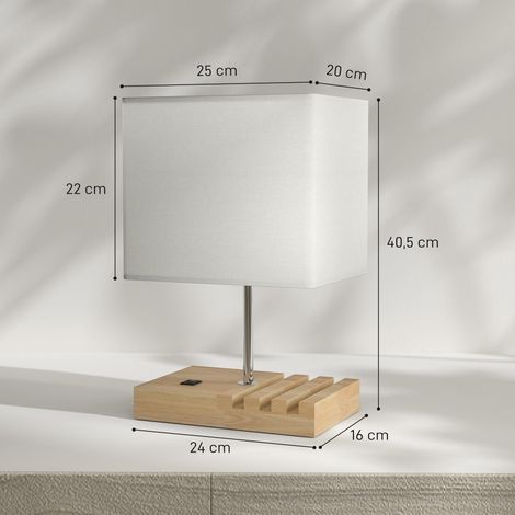 Lampe de chevet, ports USB, bois, tissu, interrupteur à bascule, compartiments de rangement, blanc (1/5)