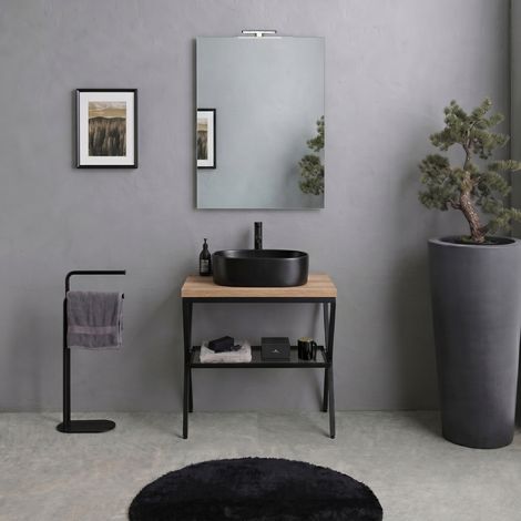 Chevalet Métallique Noir Avec Étagère En Verre, Plateau Chêne, Miroir 60X80 Et Lampe Manchester (1/5)