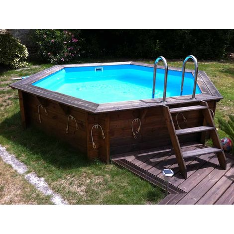 Ubbink – Piscine hors sol octogonale 410x120cm – Structure en pin autoclave classe 4 – Liner bleu Adriatique 50/100ème – Filtration à sable 2,5m³/h