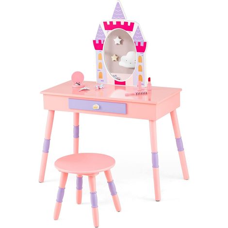 GOPLUS Ensemble de Coiffeuse pour Enfants avec Miroir Amovible, Table de Maquillage avec Tabouret, Coiffeuse pour Fille avec Accessoires Abondants, pour Enfants de 3 Ans Plus (1/5)
