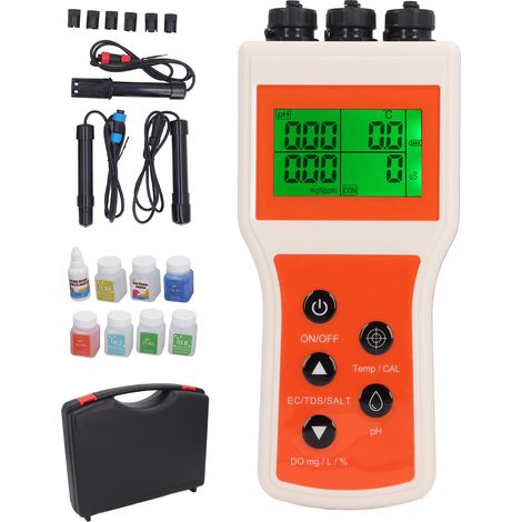 Medidor de Calidad del Agua 6 en 1, pH, DO, EC, TDS, Salinidad y Temperatura – Ideal para Acuarios e Hidroponía (1/5)
