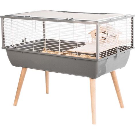 Cage pour petits rongeurs 77,5 x 47,5 x 36 cm – Habitat gris avec maison en bois et étage – Facile à nettoyer – Système de fixation stable – Zolux