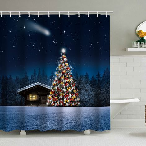 180 x 200 cm großer Duschvorhang mit Weihnachtsmotiv, Weihnachtsmann und Rentier, Badezimmer-Dekorationsset, wasserdichtes Material, inklusive 12 Haken
