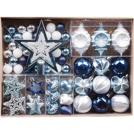 70pcs Boules de Noël, Bleu et Blanc, Décoration à Suspendre pour l'arbre de Noël en Plastique, Ornements Incassables avec Étoile pour Sapin de Noël, Emballage en Papier Kraft (1/5)