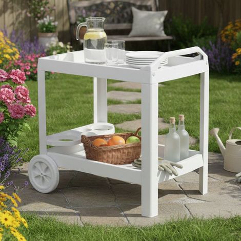 Dmora – Desserte de cuisine blanche 2 étagères – Chariot alimentaire à roulettes – Dimensions 53x74x73 cm – 100% polypropylène Made in Italy (1/3)