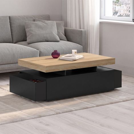 Mesa de centro rectangular ELSA de 2 cajones en madera negra con tablero de aspecto haya (1/5)