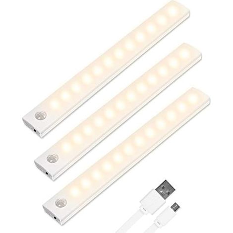 Lumière d'armoire à détecteur de mouvement, lot de 3, 12 LED, éclairage automatique pour placard, veilleuse sans fil rechargeable par USB, avec bande magnétique pour armoire, dressing, escalier.