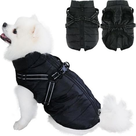 Manteau d'hiver imperméable pour petit chien Veste rembourrée chaude avec harnais intégré et bandes réfléchissantes Gilet coupe-vent zippé pour chiot Chien de taille petite et moyenne (1/5)