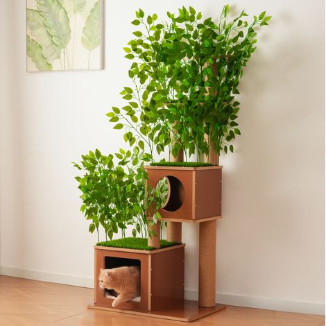 Tiragraffi a forma di albero 68x45x175 cm con 2 nicchie, 2 piattaforme e pali in sisal, MDF verde (1/5)