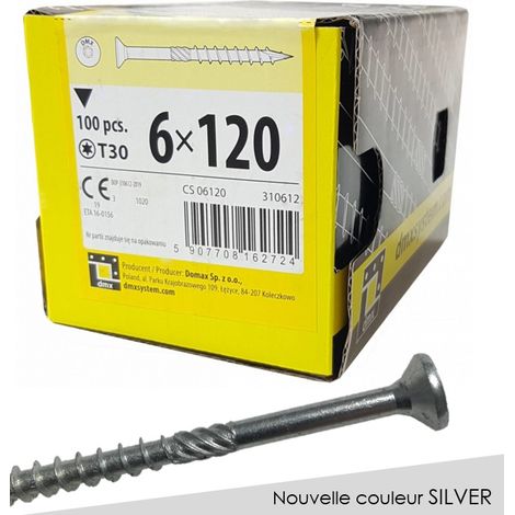 BOITE DE 100 VIS À TÊTE FRAISÉE 6 x 120, EMPREINTE TORX FINITION SILVER