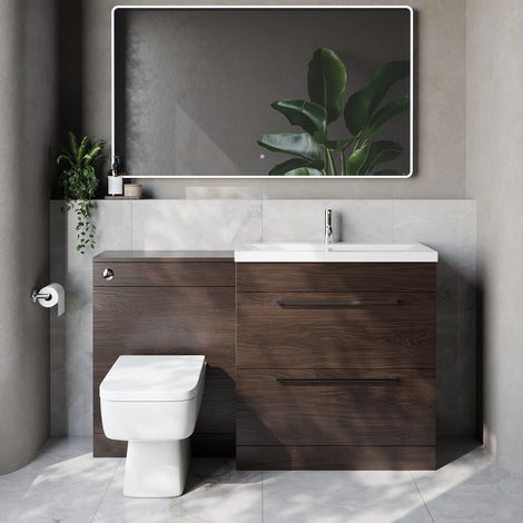 Napoli 390 Cento Brown Oak 1400mm 2 Drawer Vanity Unit Toilet Suite with Glide Basin - 1400mm - Chrome 480mm HandleWith Kingston Toilet Pan and Seat