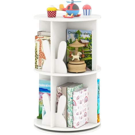 Libreria rotante bambini scaffale girevole 360° 2 ripiani portaoggetti paratie coniglio Bianco (1/4)