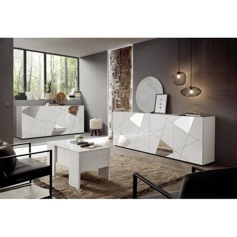 Buffet 3 portes blanc laqué brillant – Dimensions L181xP42xH84 cm – Style contemporain avec sérigraphie miroir – Fabrication italienne – Homemania (1/10)
