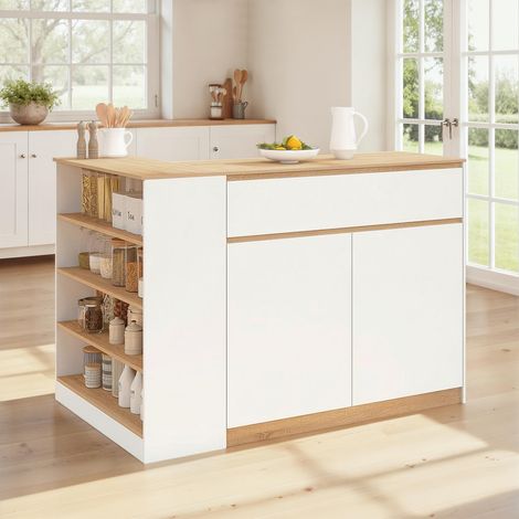Isla central TOMI 130 cm para 2 personas con doble encimera de madera blanca y encimera efecto haya