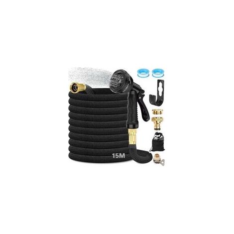 Tuyau Arrosage Extensible 15 m, Tuyau D'arrosage Flexible Avec Raccord en Laiton 3/4' et 1/2', Tête de Pulvérisation avec 8 Fonctions, avec Sac de Rangement, pour Jardin, Camping-Car