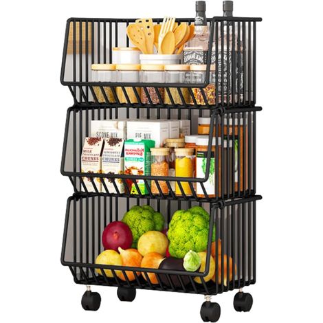 Panier de rangement pour fruits et légumes, noir, 3 niveaux, organisateur de cuisine sur pied, chariot à étagères, support de rangement (1/5)