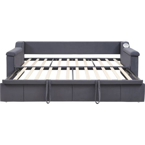 Schlafsofa 90/180 x 190 cm aus grauem Samt mit Bluetooth, USB, Stauraum und Lattenrost (1/5)